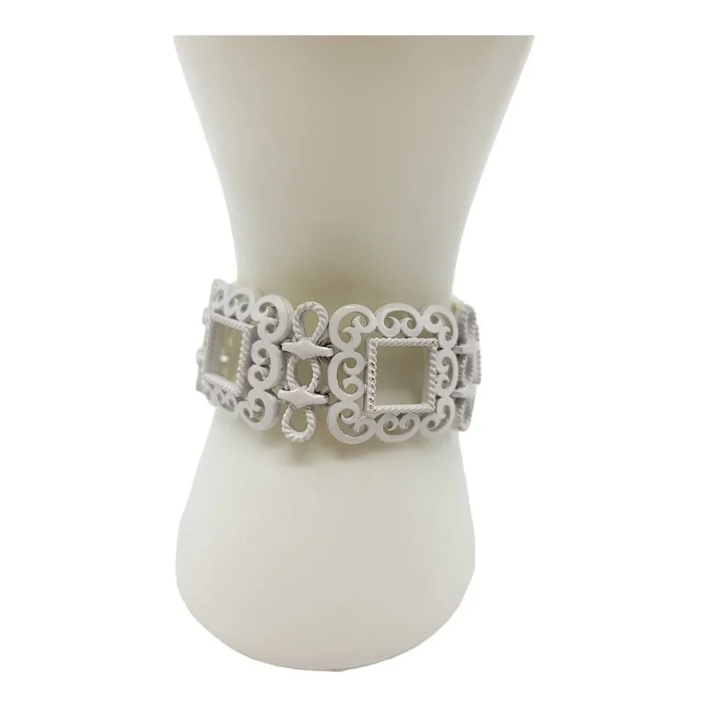 Trifari White Enamel Gold Tone Picture Frame Filigree Bracelet Mid Century